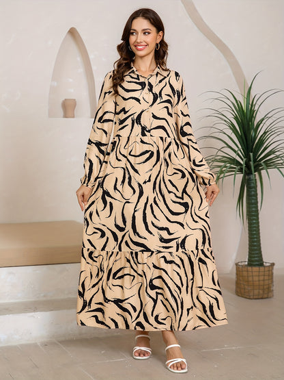 2025 Fall Original New Arrival Casual Outing Date Daily Commute Beach Dress Turn- Collar Half Open Front Long Sleeve Maxi Skirt Khaki Elegant Stripe Print Adjustable Cuff Buttons Loose Straight Fit Comfort Layered Overskirts