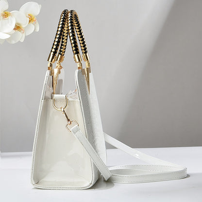 Elegant Crocodile Pattern Handbag for Women - Versatile Large Capacity Shoulder & Handbag, Glossy White Finish with Golden Accents, Perfect for Work, Date Night, Or Casual Outings, Commuter Handbag | Vneck Tote | Zipper Closu