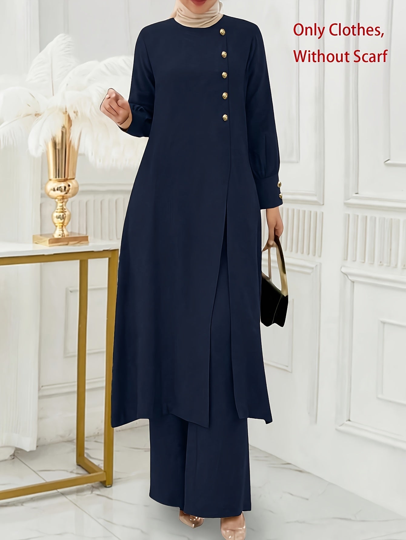 Ramadan Women'S Solid Color Button Design Long Sleeve Top and Pants Set, Arabic Style, Polyester, with Faux Button Detail, for All Seasons