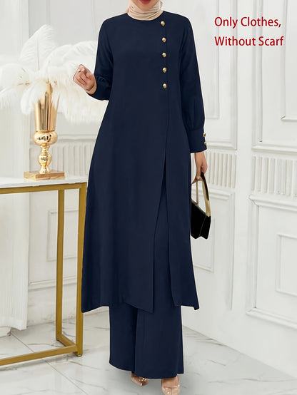 Ramadan Women'S Solid Color Button Design Long Sleeve Top and Pants Set, Arabic Style, Polyester, with Faux Button Detail, for All Seasons