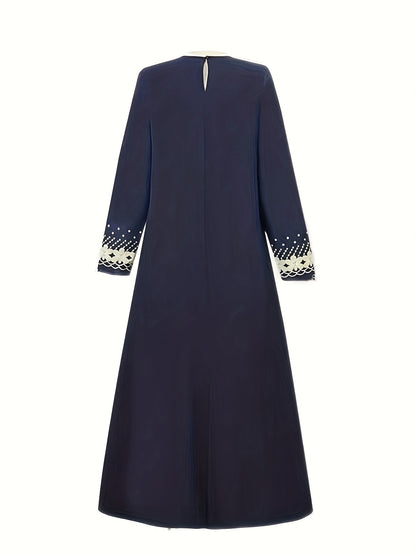 Elegant Women'S Digital Print Kaftan Dress - Navy Blue with Golden Accents, Long Sleeve, Loose Fit, Round Neck, All-Season Wear, Cultural Attire|Elegant Long Dress|Digital Print Dress