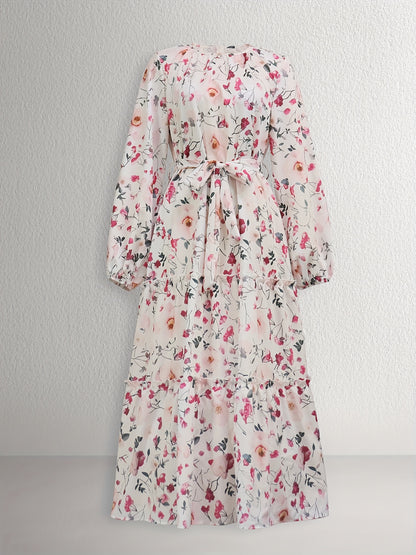1pc Elegant Floral Print Long Dress for Women, Polyester Peplum with Belt Detail, Crew Neck, Spring/Summer Collection, Woven Fabric