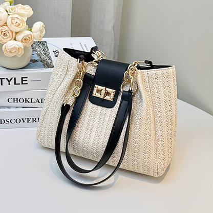 Women'S 2025 New Year Handwoven Straw Tote Bag - Black Accents, Honeycomb Pattern, Adjustable Shoulder Strap, Kiss Lock Closure, Machine Washable, Beach & Casual Style, Casual Tote Bag|Honeycomb Pattern Bag|Durable Handle Bag