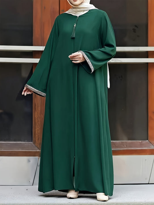Long-sleeve zip-up kaftan dress, elegant maxi dress with contrast trim and fringe