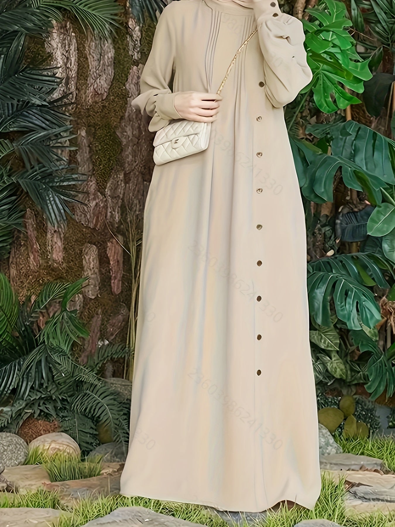 Ramadan Solid Tucked Maxi Abaya, Elegant Long Sleeve Loose Abaya, Women's Clothing