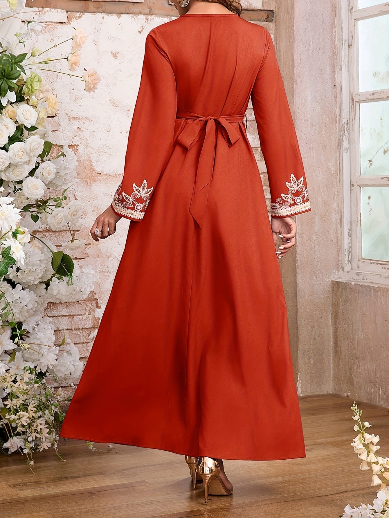 Women's Elegant Arabic Abaya Dress - Long Formal Muslim Wedding Gown with Floral Print, Navy Blue & Golden Islamic Rope for Everyday & Special Occasions - Machine Washable Non-See Through Islamic Clothing, Muslim Dress, Highq