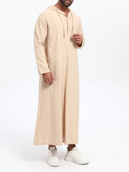 Men'S Arabic Hooded Robe - Traditional Islamic Full-Length Robe with Hood, Beige/Neutral Tones, Non-Stretch Fabric for Formal, Casual, Religious, Everyday & Special Occasions - Middle Eastern Cultural Attire, Muslim Dress, Fo