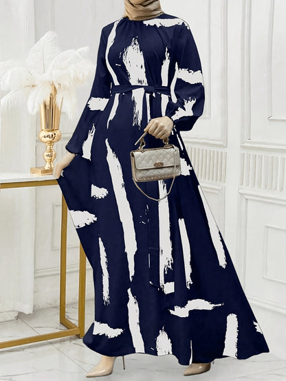 Women's Turkish Kaftan Dress - Navy & White Abstract Print Long Sleeve Midi Dress with Stand-Up Collar & Adjustable Waist Belt, Machine Washable All-Season Traditional Elegance for Casual or Formal Occasions
