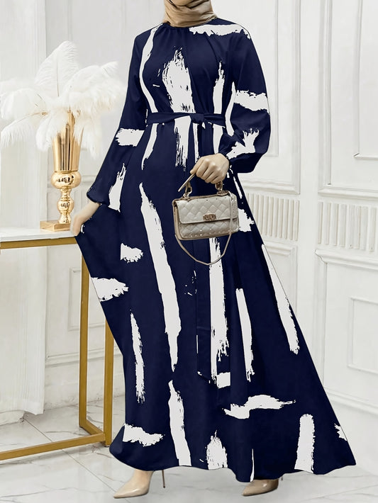 Women's Turkish Kaftan Dress - Navy & White Abstract Print Long Sleeve Midi Dress with Stand-Up Collar & Adjustable Waist Belt, Machine Washable All-Season Traditional Elegance for Casual or Formal Occasions