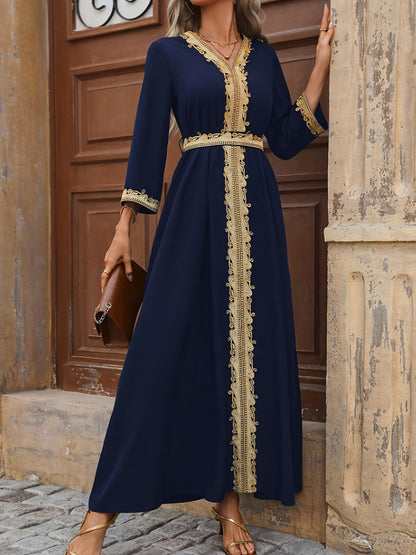 Women's Elegant Middle Eastern Maxi dress - Navy Blue Formal & casual gown with Long Sleeves, Non-Stretchy Elegant attire for Weddings, Cultural Events, Casual Attire - Machine Washable Traditional Dress, Formal Dresses, Vaca