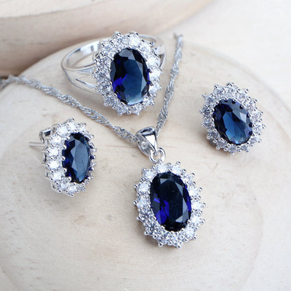 Ensemble de bijoux de mariée en argent 925 pour femmes, Costume en zircone bleue, bijoux fins, collier, boucles d'oreilles, bagues, Bracelets, pendentif