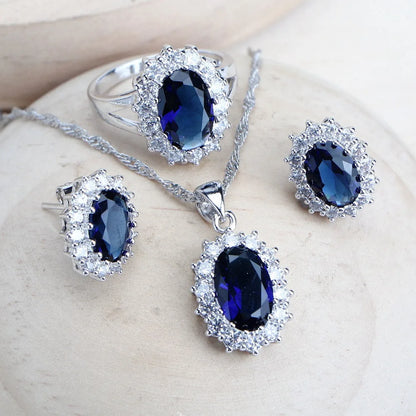 Ensemble de bijoux de mariée en argent 925 pour femmes, Costume en zircone bleue, bijoux fins, collier, boucles d'oreilles, bagues, Bracelets, pendentif