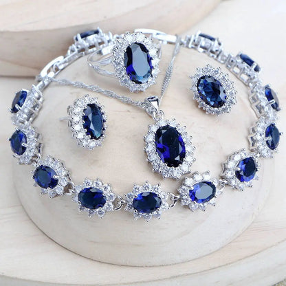 Ensemble de bijoux de mariée en argent 925 pour femmes, Costume en zircone bleue, bijoux fins, collier, boucles d'oreilles, bagues, Bracelets, pendentif
