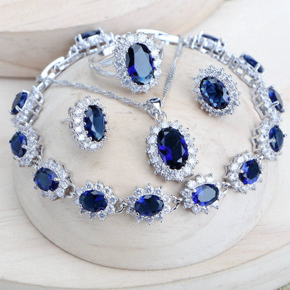 Ensemble de bijoux de mariée en argent 925 pour femmes, Costume en zircone bleue, bijoux fins, collier, boucles d'oreilles, bagues, Bracelets, pendentif