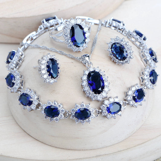 Ensemble de bijoux de mariée en argent 925 pour femmes, Costume en zircone bleue, bijoux fins, collier, boucles d'oreilles, bagues, Bracelets, pendentif