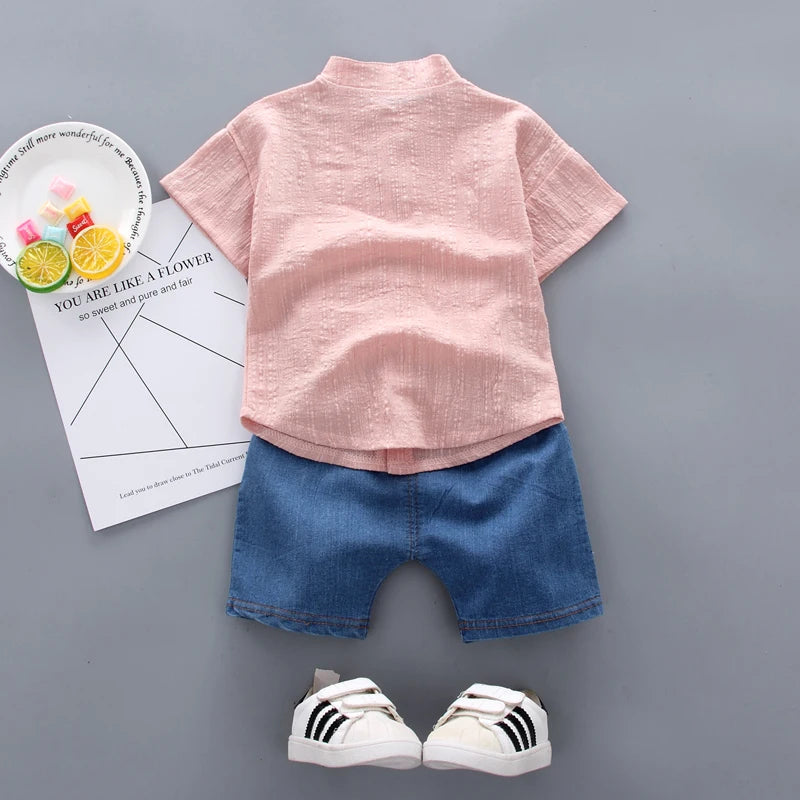 Nouvel été offre spéciale enfant en bas âge enfants bébé garçons chemise dessin animé hauts Denim Shorts pantalons tenues ensemble bébé vêtements