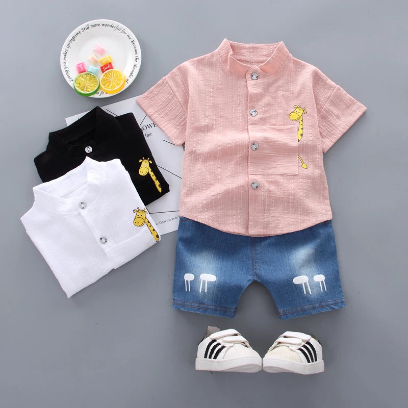 Nouvel été offre spéciale enfant en bas âge enfants bébé garçons chemise dessin animé hauts Denim Shorts pantalons tenues ensemble bébé vêtements