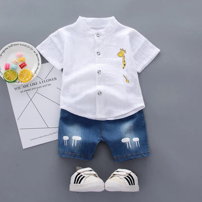 Nouvel été offre spéciale enfant en bas âge enfants bébé garçons chemise dessin animé hauts Denim Shorts pantalons tenues ensemble bébé vêtements