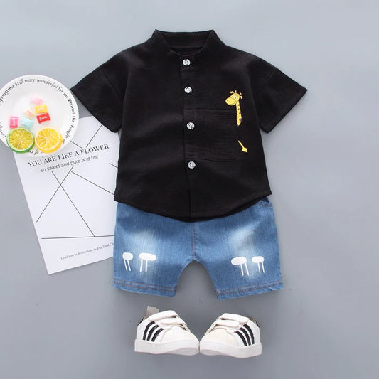 Nouvel été offre spéciale enfant en bas âge enfants bébé garçons chemise dessin animé hauts Denim Shorts pantalons tenues ensemble bébé vêtements