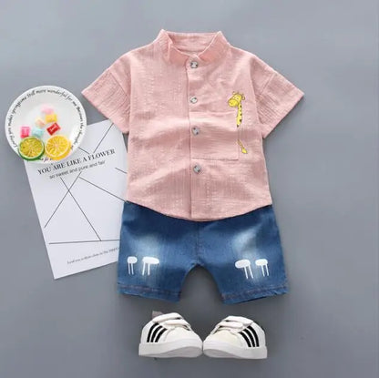 Nouvel été offre spéciale enfant en bas âge enfants bébé garçons chemise dessin animé hauts Denim Shorts pantalons tenues ensemble bébé vêtements