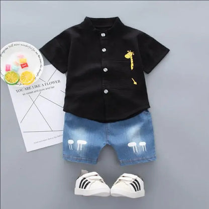 Nouvel été offre spéciale enfant en bas âge enfants bébé garçons chemise dessin animé hauts Denim Shorts pantalons tenues ensemble bébé vêtements
