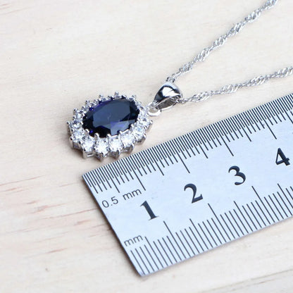 Ensemble de bijoux de mariée en argent 925 pour femmes, Costume en zircone bleue, bijoux fins, collier, boucles d'oreilles, bagues, Bracelets, pendentif