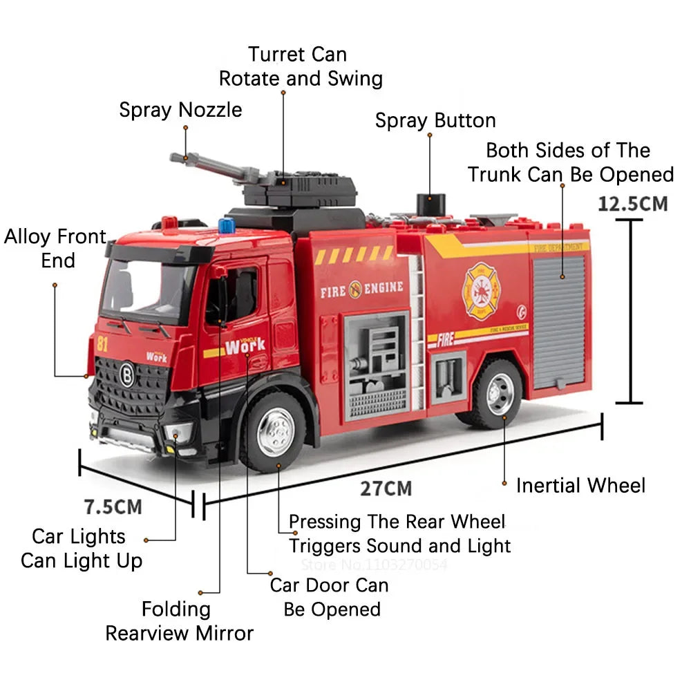 1:18 pétrolier d'eau alliage échelle camion de pompier modèle jouets voiture moulé sous pression en métal ingénierie véhicule portes ouvert son lumière jouet garçon cadeau