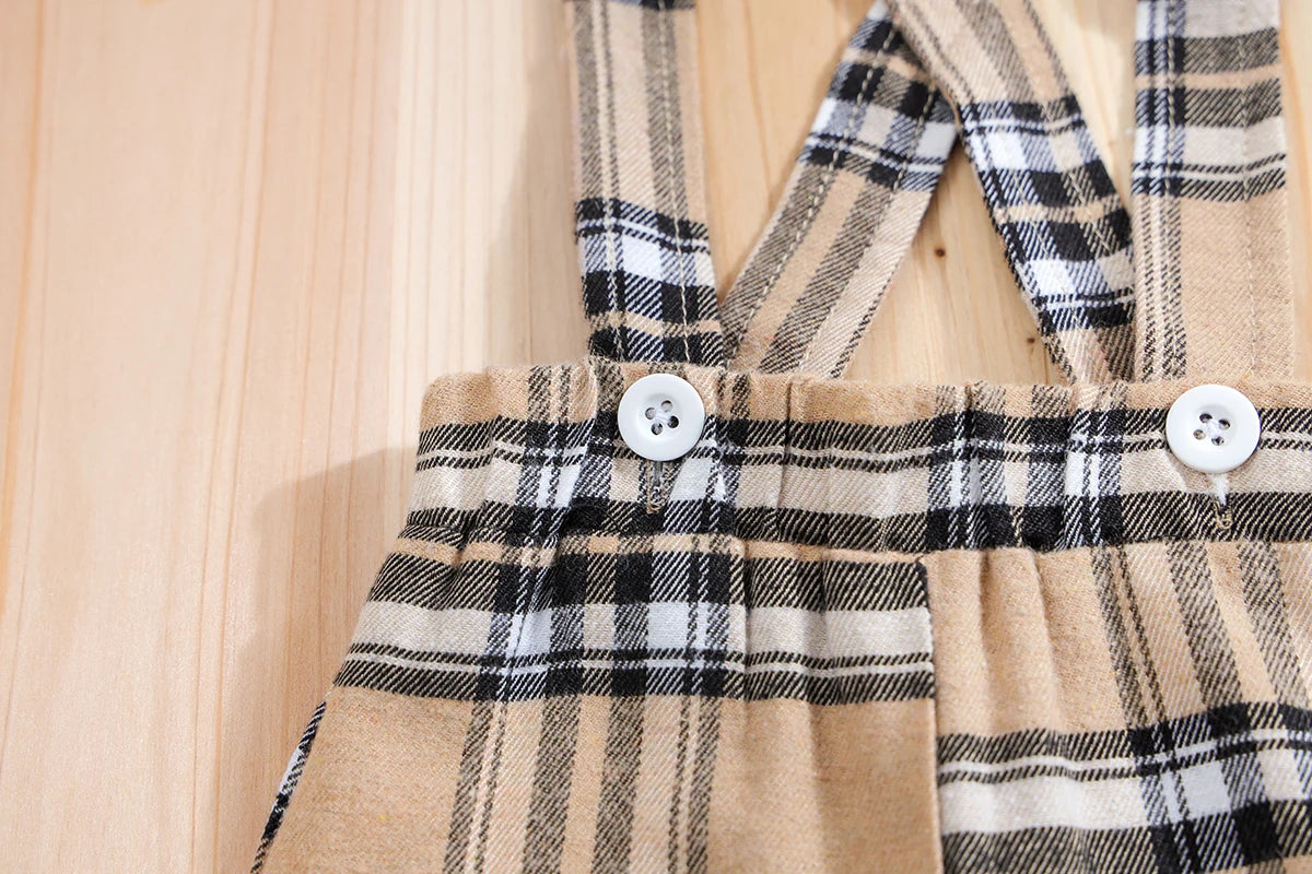 IURNXB – ensemble de vêtements pour bébé, 2 pièces, manches courtes, body ours à carreaux + pantalon à bretelles, tenues pour nouveau-né de 1 à 18 mois