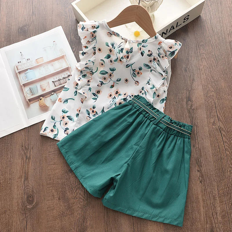 Bear Leader – vêtements pour enfants filles, chemise + short à rayures, costume 2 pièces, avec nœud floral, à la mode, ensembles de vêtements pour enfants, 2022