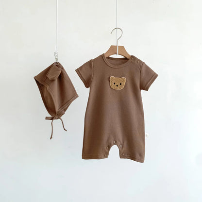 Combinaison d'été pour bébés filles et garçons, manches courtes, Patch gaufré, ours, nouveau-né, barboteuse en coton, chapeau cadeau avec oreille, nouvelle collection