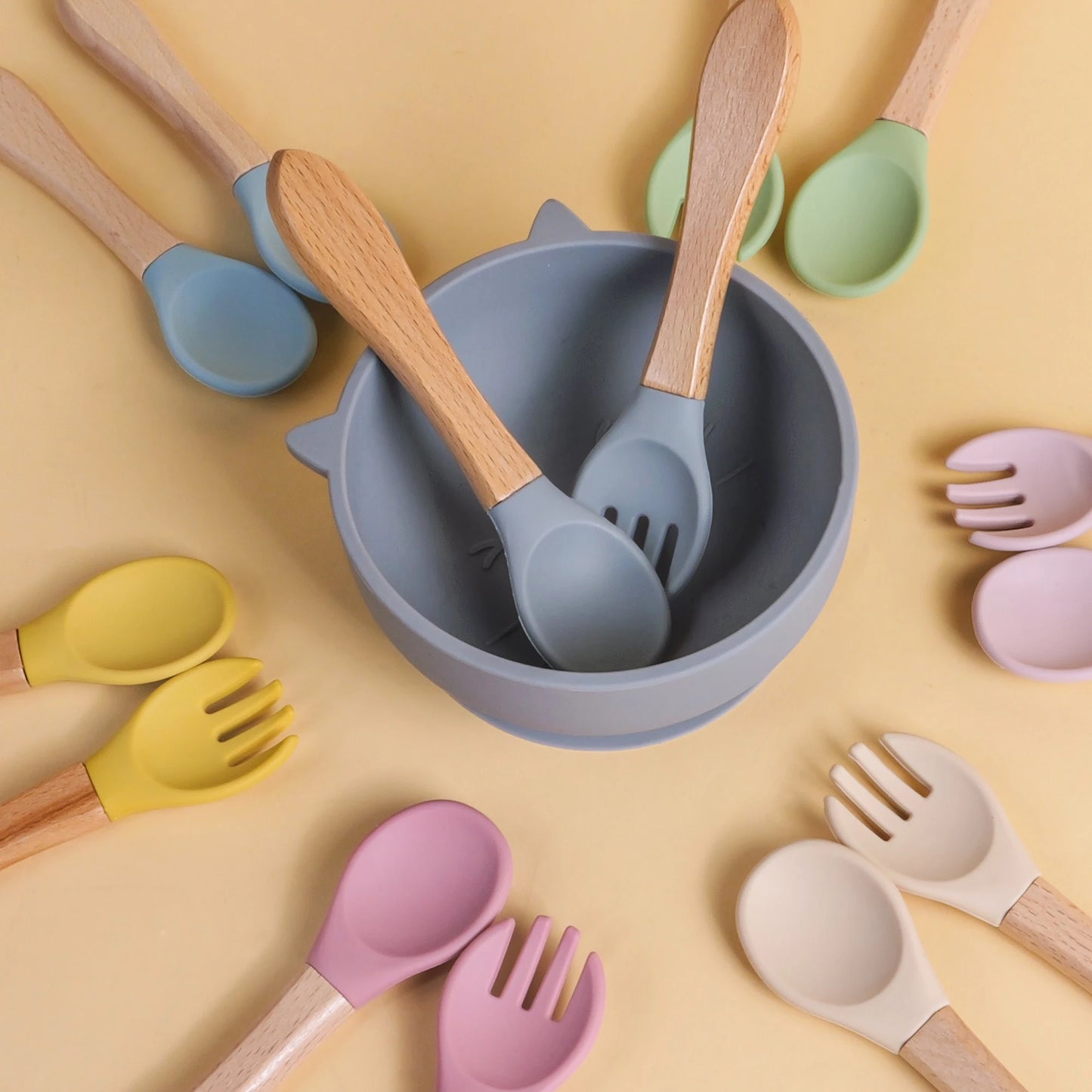2 pièces/ensemble vaisselle bébé cuillère fourchette ensemble enfants Silicone bois alimentation formation bébé vaisselle couverts bébé alimentation fournitures