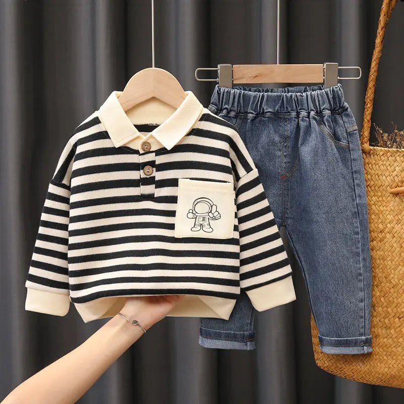 Ensemble de 2 pièces de vêtements de sport décontractés pour enfants, sweats à capuche à bandes, jeans pour garçons, survêtements pour enfants, tenue de printemps et d'automne, 0 à 5 ans, nouveau