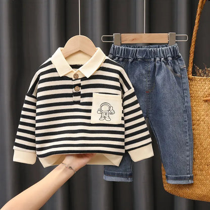 Ensemble de 2 pièces de vêtements de sport décontractés pour enfants, sweats à capuche à bandes, jeans pour garçons, survêtements pour enfants, tenue de printemps et d'automne, 0 à 5 ans, nouveau
