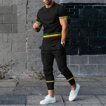Ensemble de survêtement à manches courtes pour hommes, t-shirt décontracté, olympiques Y-pantalon, vêtements à col rond, mode sportive, fjCasual, 2 pièces