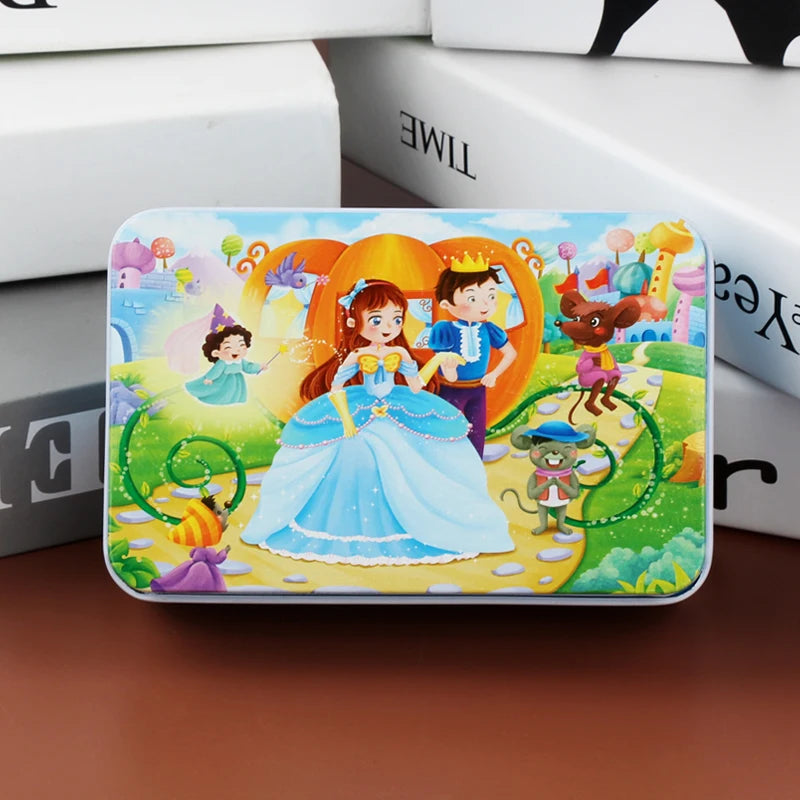 Puzzle de dessin animé 60 pièces avec boîte en métal, Puzzle de véhicule Animal d'éducation précoce pour enfants, jeu d'interaction Parent-enfant