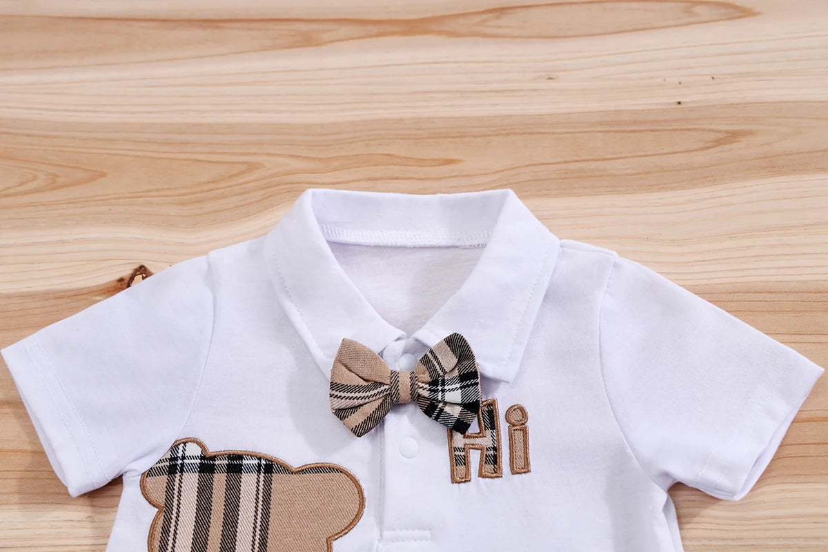 IURNXB – ensemble de vêtements pour bébé, 2 pièces, manches courtes, body ours à carreaux + pantalon à bretelles, tenues pour nouveau-né de 1 à 18 mois
