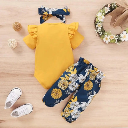 Ensemble de vêtements pour nouveau-né fille, body à manches courtes + pantalon à fleurs avec nœud + bandeau, tenues 3 pièces, vêtements pour bébé fille