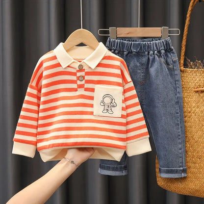 Ensemble de 2 pièces de vêtements de sport décontractés pour enfants, sweats à capuche à bandes, jeans pour garçons, survêtements pour enfants, tenue de printemps et d'automne, 0 à 5 ans, nouveau