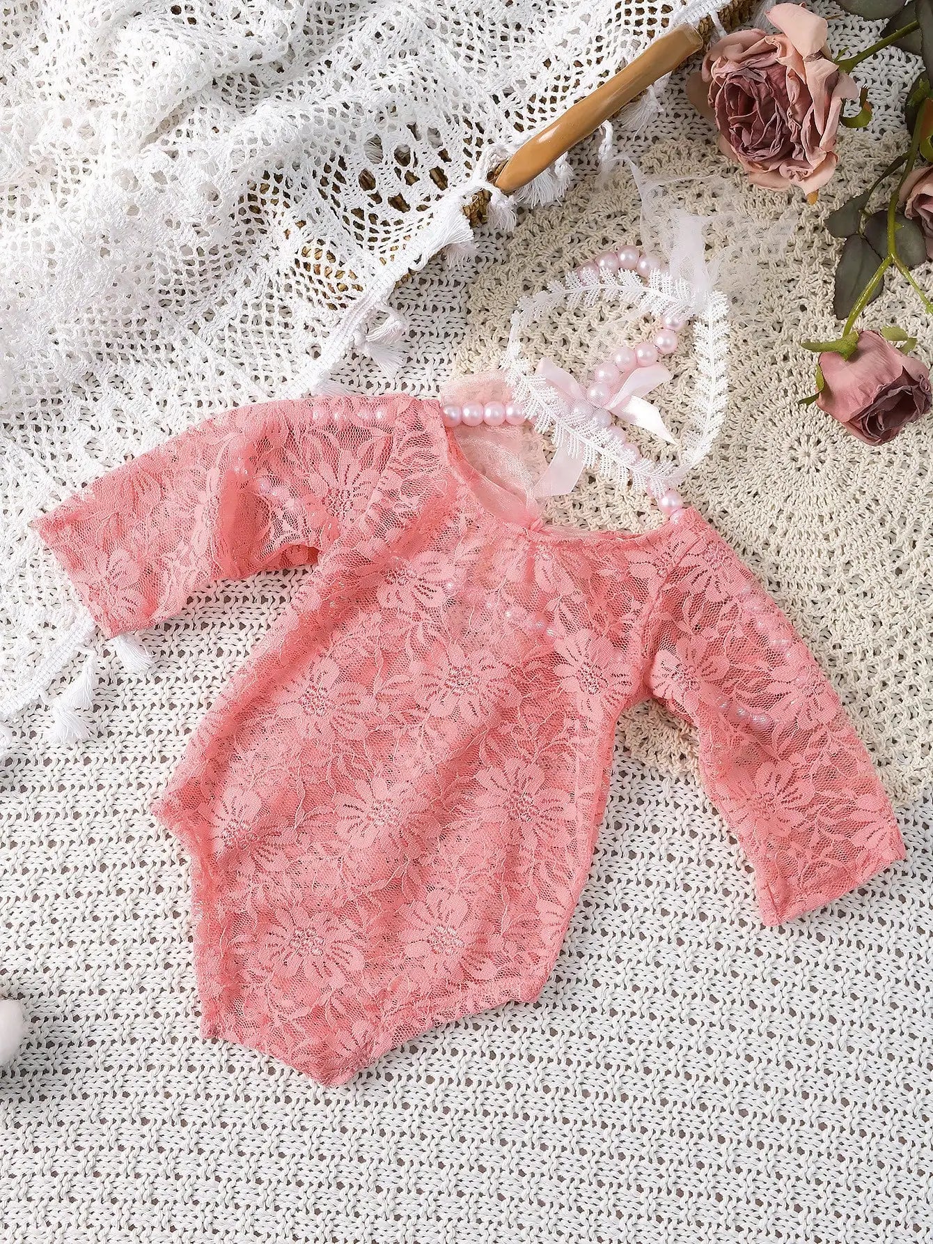 Ylsteed – ensemble 2 pièces pour nouveau-né, barboteuse en dentelle, tenues de photographie pour nourrissons avec bandeau assorti, accessoires de prise de vue Photo pour bébé fille