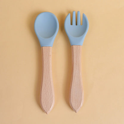 2 pièces/ensemble vaisselle bébé cuillère fourchette ensemble enfants Silicone bois alimentation formation bébé vaisselle couverts bébé alimentation fournitures