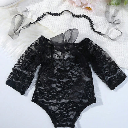 Ylsteed – ensemble 2 pièces pour nouveau-né, barboteuse en dentelle, tenues de photographie pour nourrissons avec bandeau assorti, accessoires de prise de vue Photo pour bébé fille