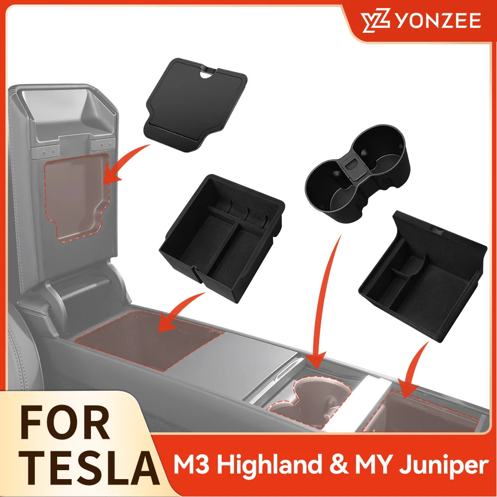 Accoudoir central caché, boîte de rangement, support de verre, organisateur de Console, accessoires pour Tesla modèle 3 Highland 2025 modèle Y 2021 – 2025