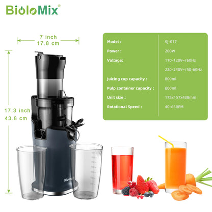BioloMix-Extracteur de Jus Écrasé, Froid PMurcia Ju479, Fente de Rajeunissement de 78mm, Convient aux Fruits Entiers, Facile à Nettoyer, 200W