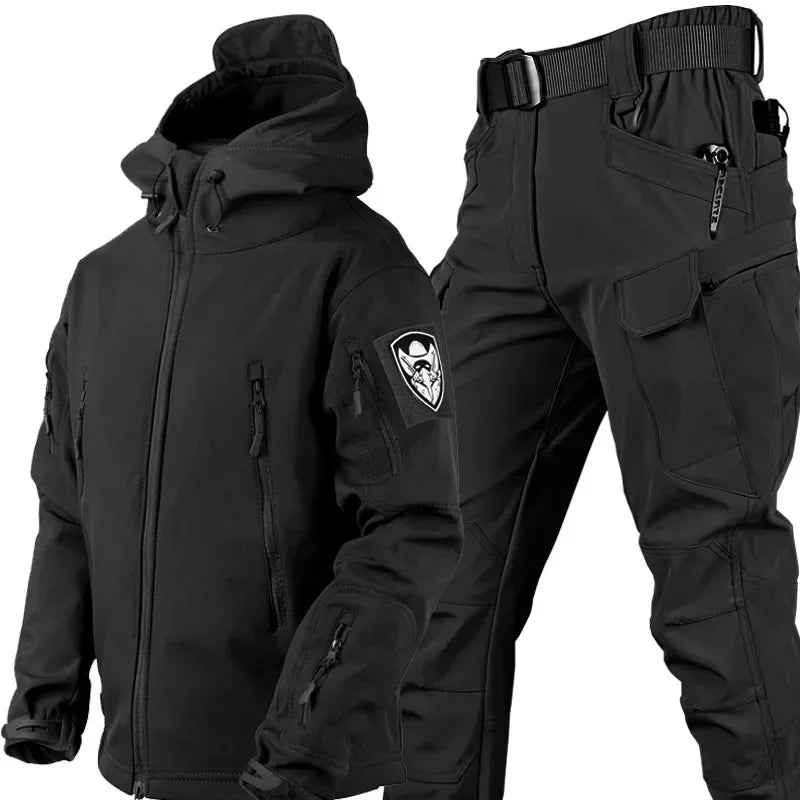 Combinaison camouflage épaisse pour hommes, ensemble d'entraînement tactique imperméable, veste à capuche multi-poches, pantalon polaire, chasse en plein air, 2 pièces, hiver