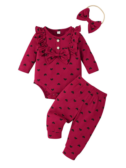 Kukitty – ensemble de vêtements 3 pièces pour nouveau-né fille, barboteuse à manches longues, imprimé cœur, haut et pantalon, bandeau, tenues en tricot