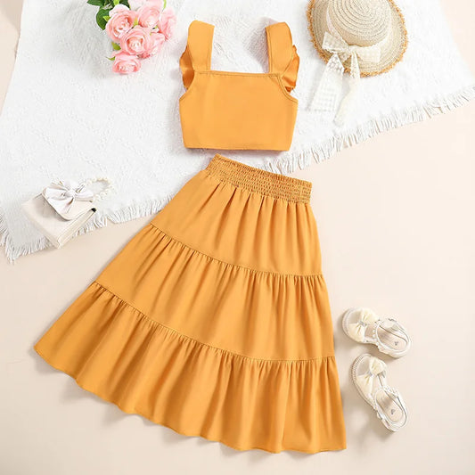 Ensemble de vêtements haut et bas pour enfants, haut à manches courtes + jupe épissure, jaune uni, conçu pour l'été, mode classique, fête décontractée