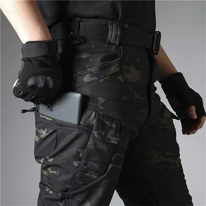 Combinaison camouflage épaisse pour hommes, ensemble d'entraînement tactique imperméable, veste à capuche multi-poches, pantalon polaire, chasse en plein air, 2 pièces, hiver