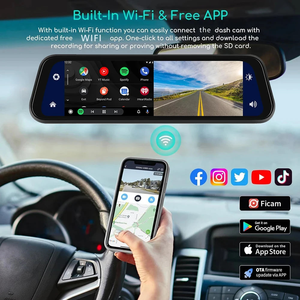 10 "Cam de tableau de bord 4K 3840*2160P voiture Dvr Carplay Android Auto GPS 5G WIFI AUX flux rétroviseur Dashcam caméra lecteur enregistreur FM