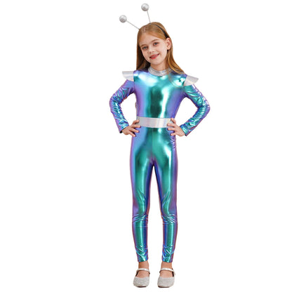 Costume de Cosplay Alien pour filles et garçons, combinaison d'astronaute à manches longues avec cerceau pour cheveux, pour fête de carnaval d'halloween