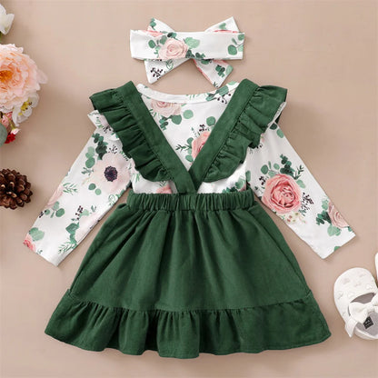 Ensemble de vêtements 3 pièces pour nouveau-né fille, haut floral à manches longues, jupe à bretelles, vêtements de sauna, mode printemps et automne, 0 à 12 mois, 03 tenue